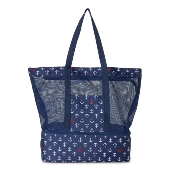 Cute Anchor Print Lunch Bag Tote Mesh with Insulated Lined Cooler Pocket - Picture 1 of 4